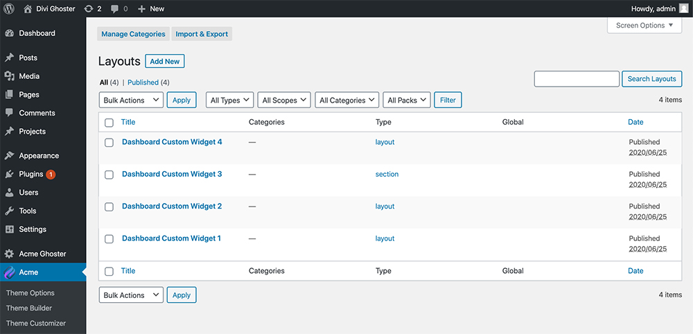 Custom WordPress dashboard Divi Library 1