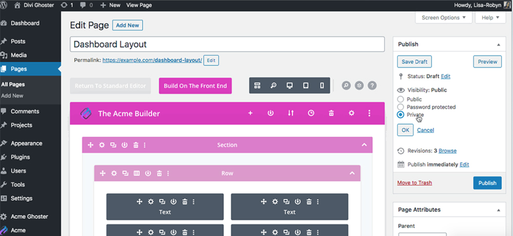 Custom WordPress dashboard save page privately