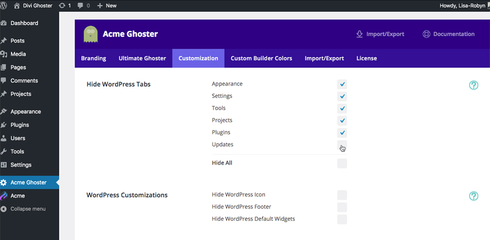 Divi Ghoster set up customization Hide WordPress Tabs