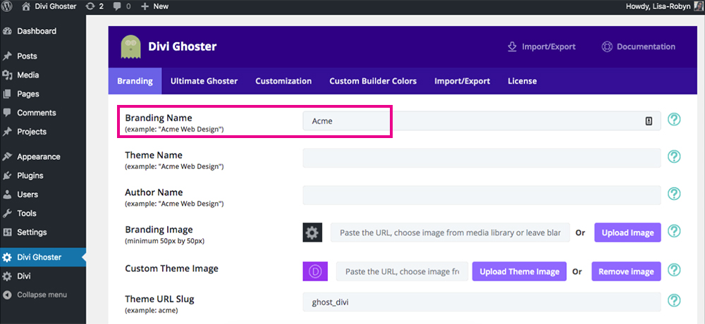 Divi Ghoster set up post change branding name