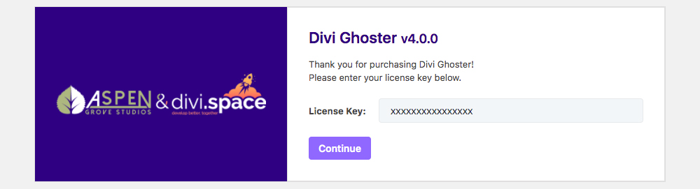 Divi Ghoster set up post license key entered