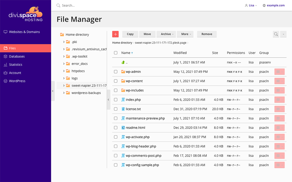 Divi Space Hosting File Manager Tab