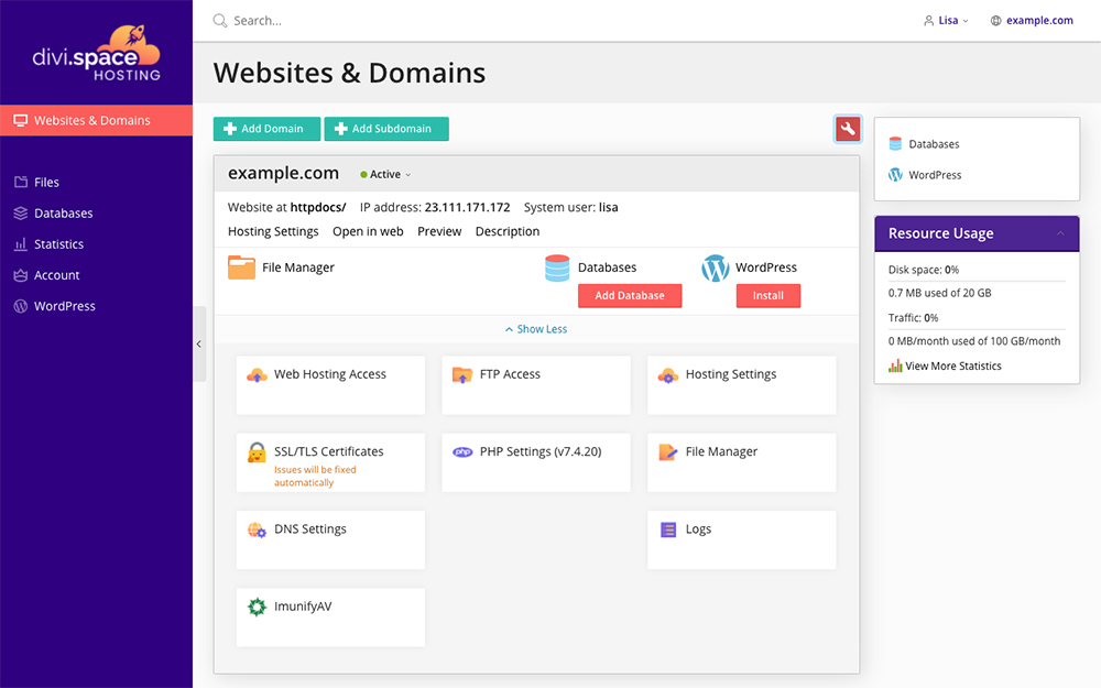 Divi Space Hosting Websites and Domains Panel Active List View