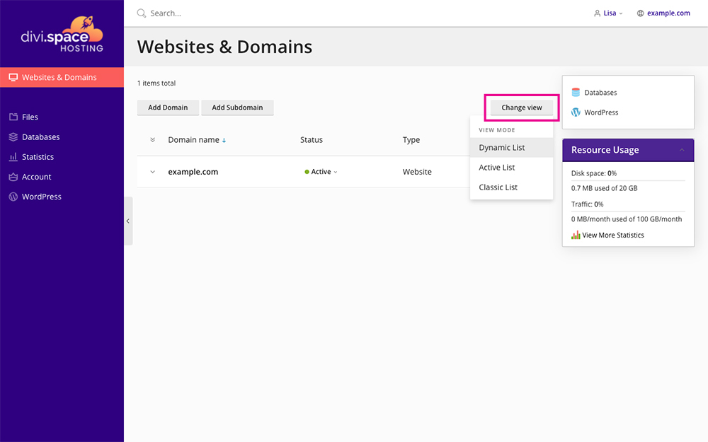 Divi Space Hosting Websites and Domains Panel Change View
