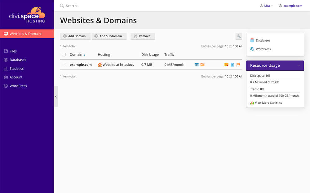 Divi Space Hosting Websites and Domains Panel Classic List View