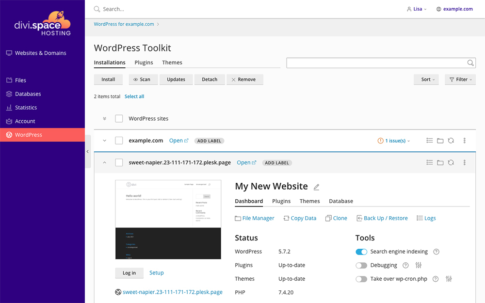 Divi Space Hosting WordPress Toolkit Tab