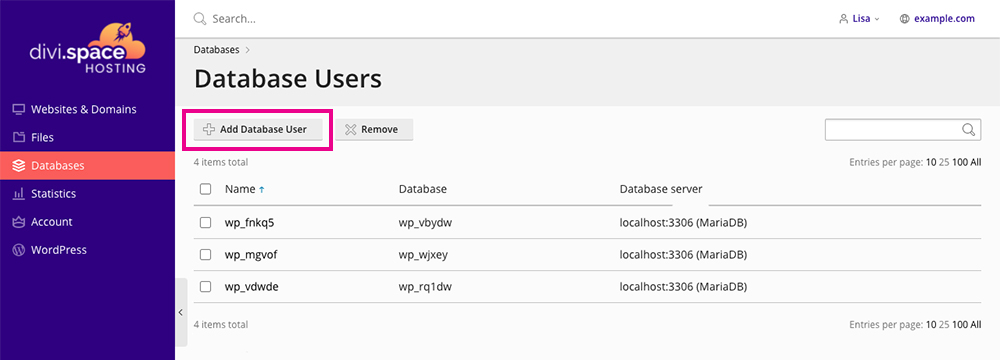 Divi Space Hosting database