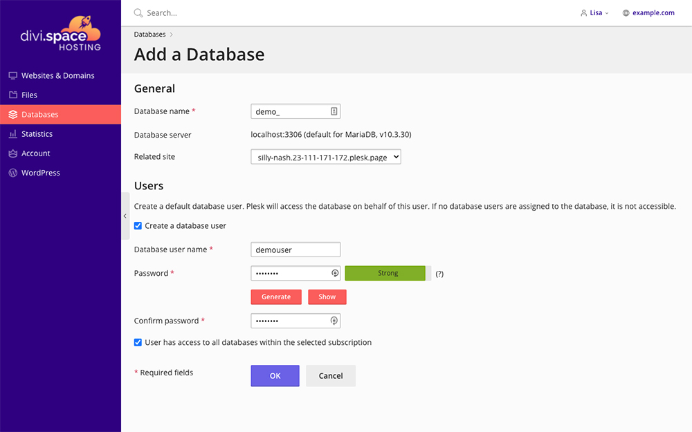 Divi Space Hosting add new database