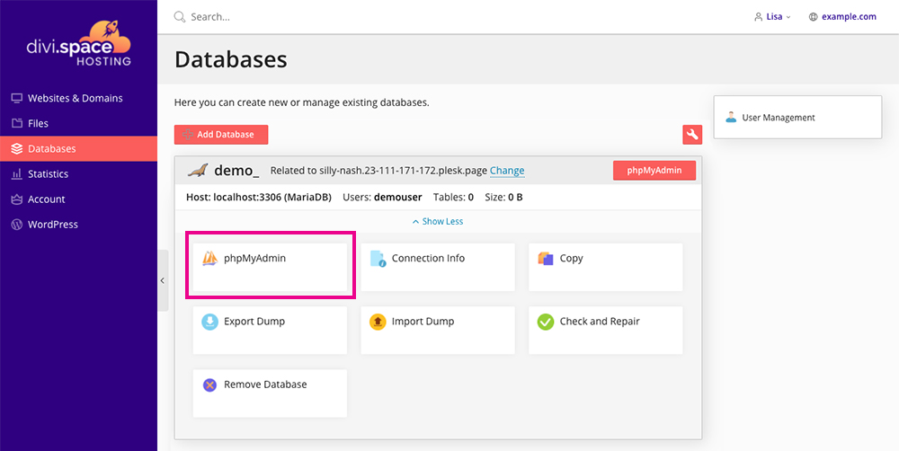 Divi Space Hosting phpMyAdmin