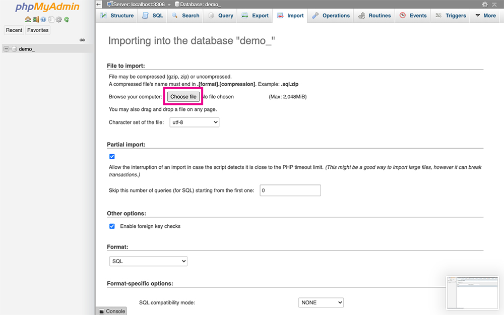 phpMyAdmin import database