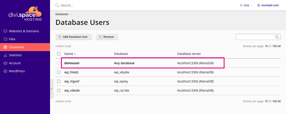 Divi Space Hosting database users