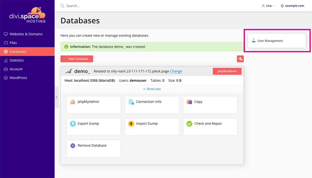 Divi Space Hosting add database