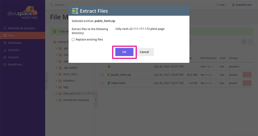 Migrate Divi Space extract .zip