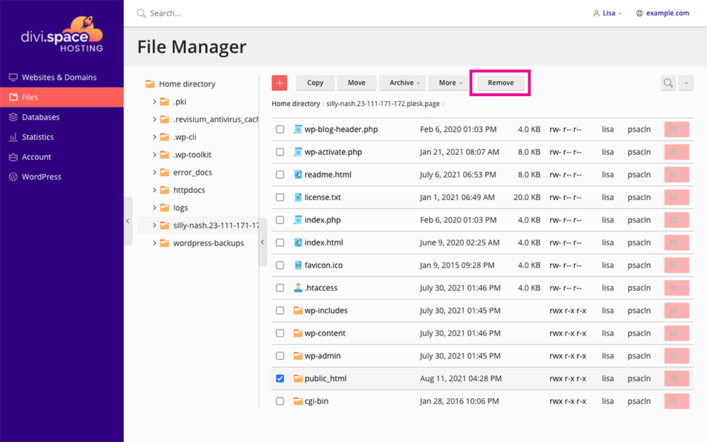 Divi Space Hosting file manager
