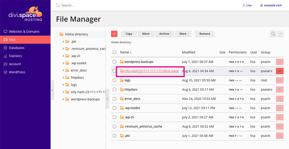 Divi Space Hosting file manager