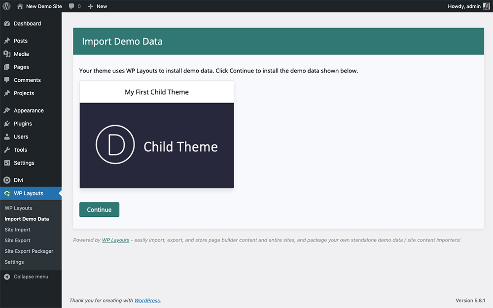 WP Layouts Divi Child Theme Import Demo Data Process