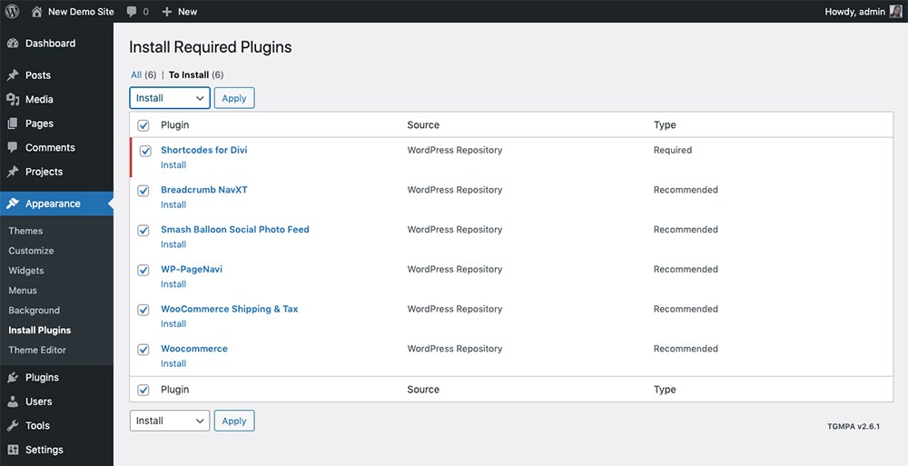 WordPress install required plugins bulk actions