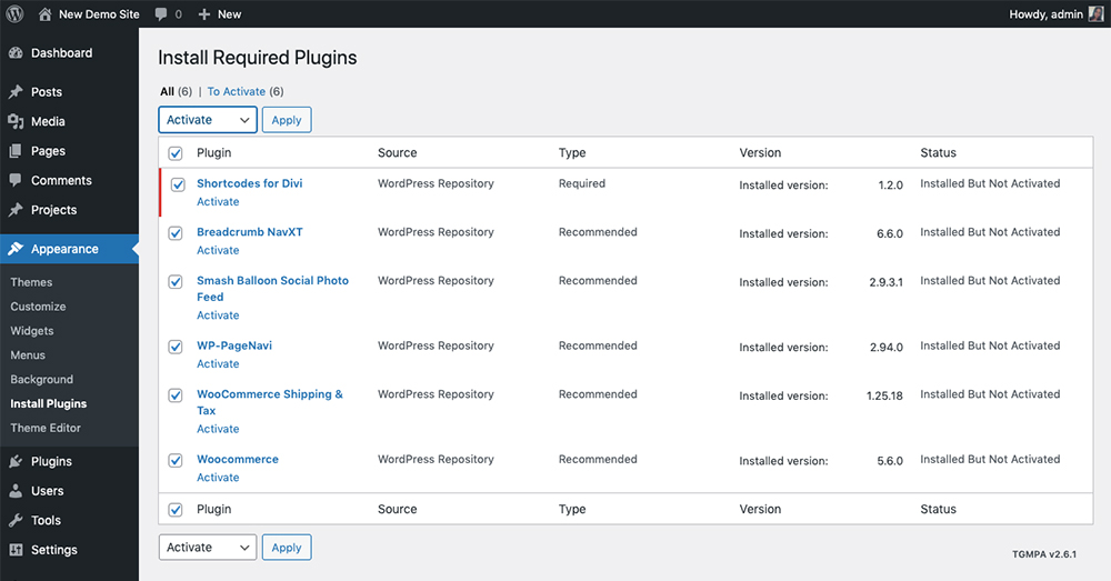 WordPress install required plugins bulk actions