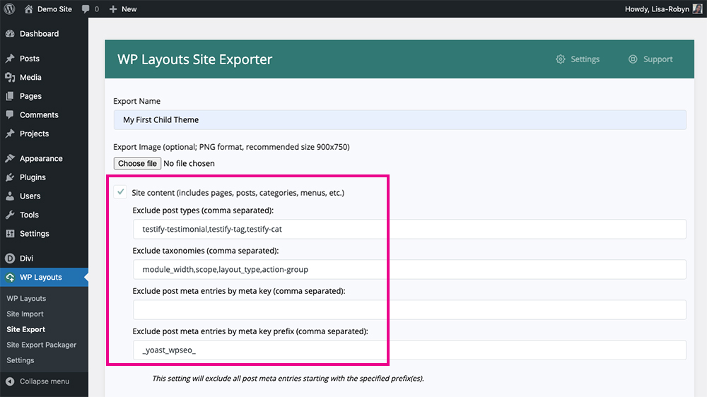 Select content to exclude from WP Layouts export
