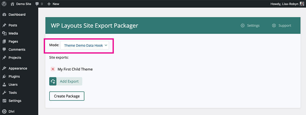 WP Layouts Site Export Packager Theme Demo Data Hook Mode