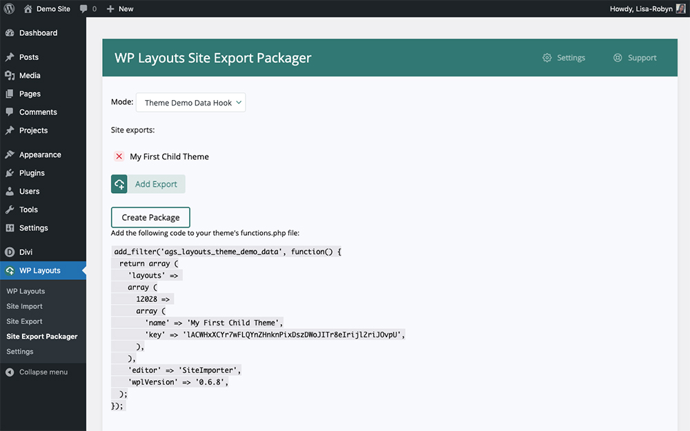 WP Layouts Site Export Packager Theme Demo Data Hook