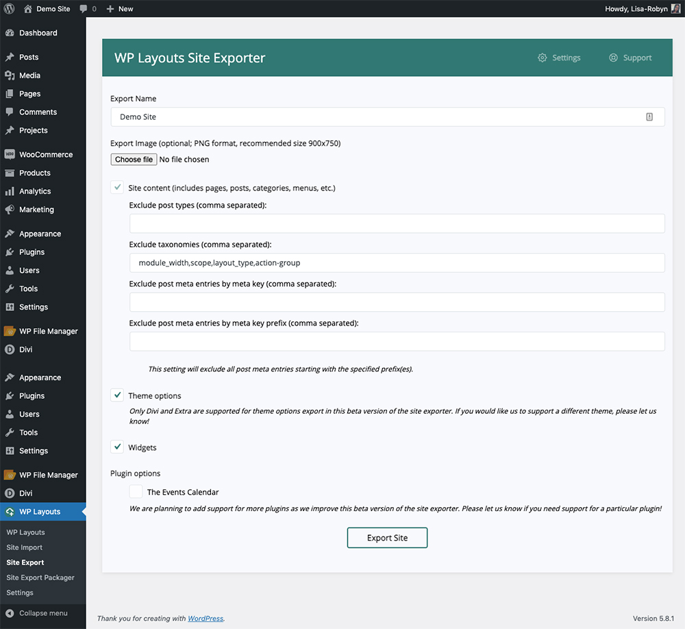 WP Layouts site exporter
