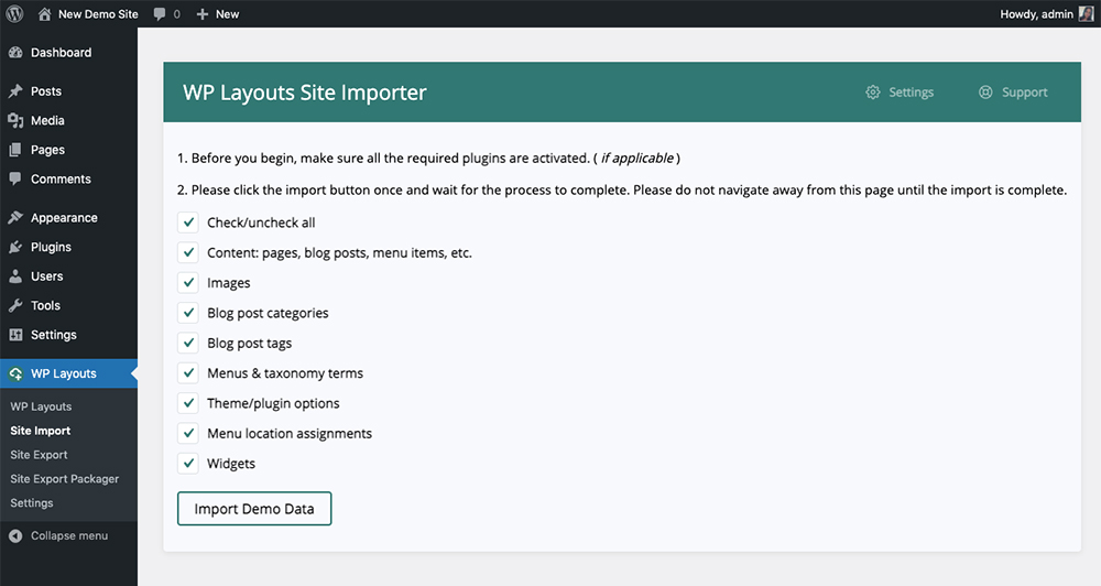 WP Layouts select demo data to import