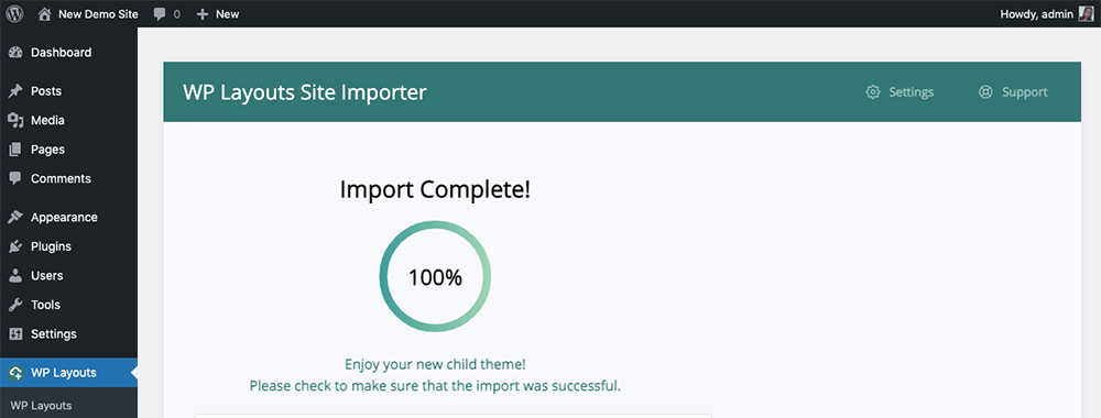 WP Layouts Site Importer import complete