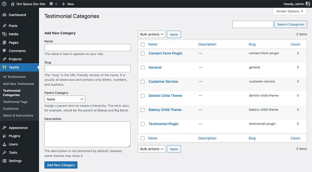 Testify testimonial plugin WordPress categories