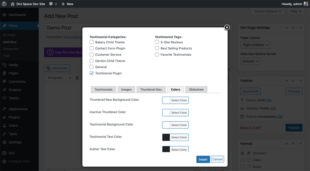 Testify testimonial plugin WordPress options