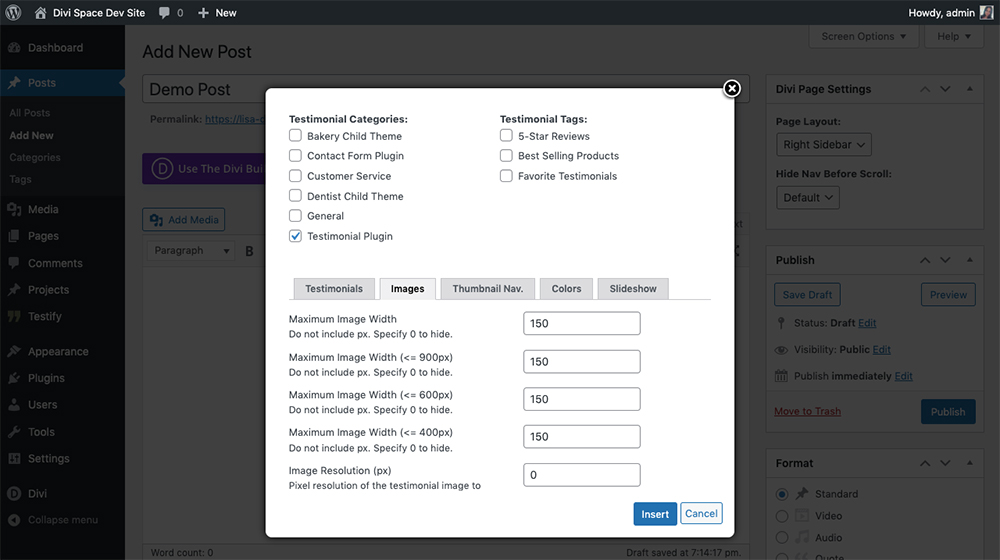 Testify testimonial plugin WordPress plugin options