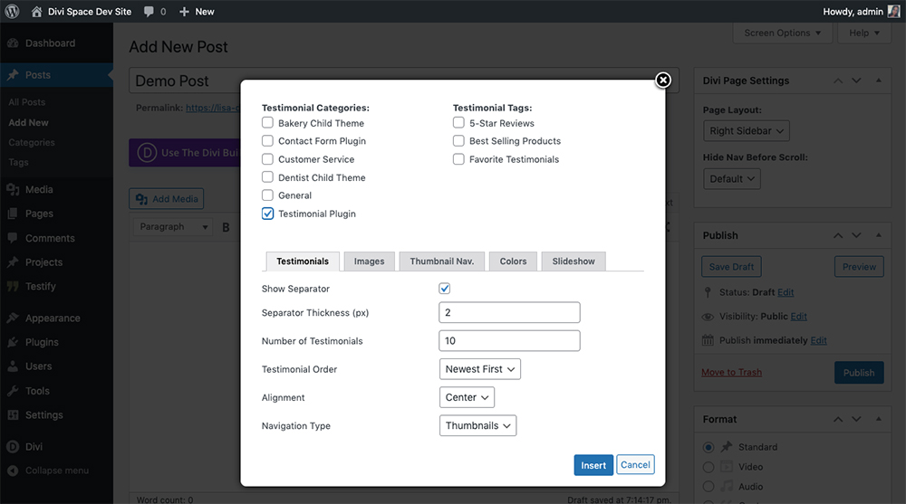 Testify testimonial plugin WordPress plugin options