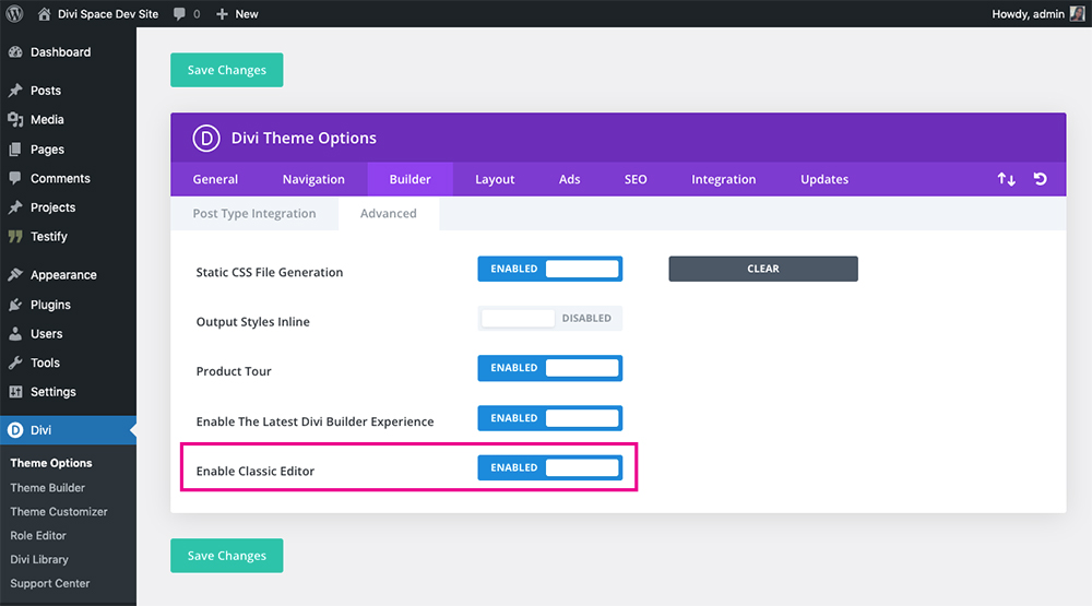Divi Theme Options Enable Classic Editor
