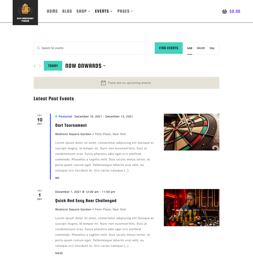 Divi Space Divi Brewery Child Theme Events Listing Page