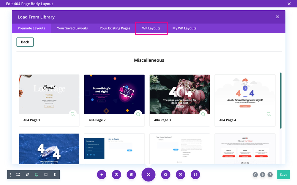 Divi Theme Builder creating custom Divi 404 page with WP Layouts