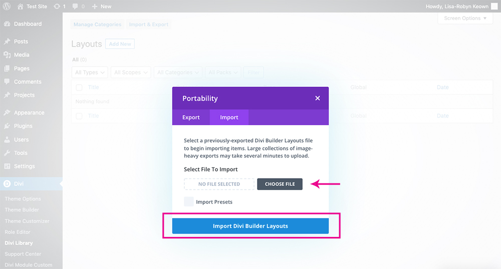 Import layout to Divi Library