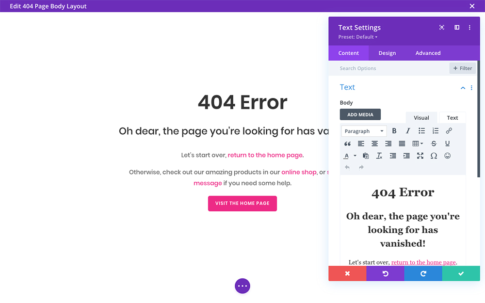 Divi Theme Builder create 404 Error Page