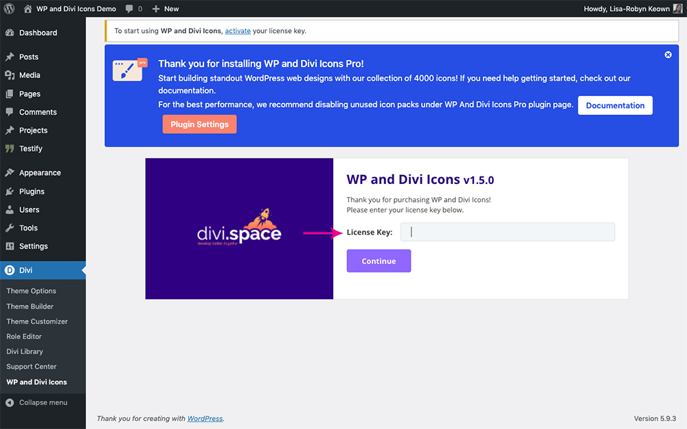 Divi Space plugin license key