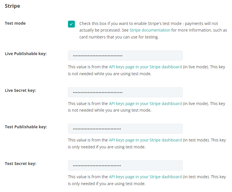 payment module for divi stripe key settings Screenshot of part of the Stripe Settings section of the Simple Payment Module for Divi plugin settings