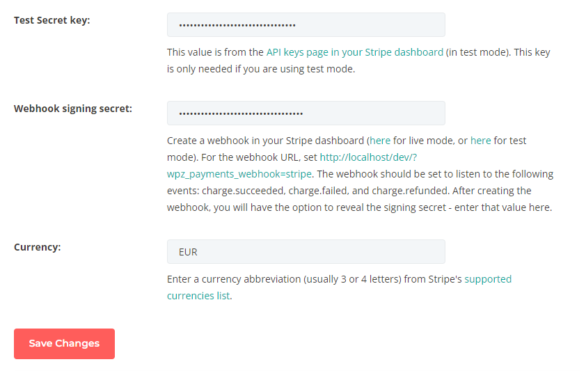 Screenshot of part of the Stripe Settings section of the Simple Payment Module for Divi plugin settings