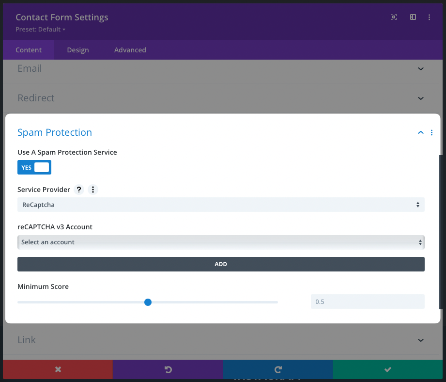 Divi contact form Google ReCaptcha Settings