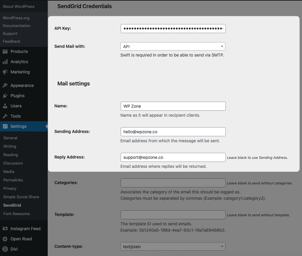 connect sendgrid for emails plugin settings 