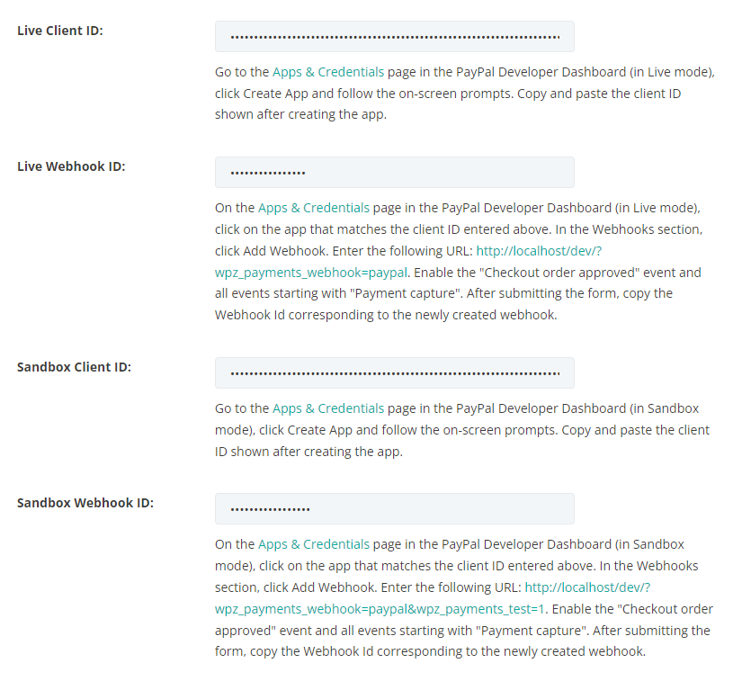 simple-payment-module-for-divi-paypal-client-id-and-webhook-settings Screenshot of Client ID and Webhook ID settings in Simple Payment Module for Divi's PayPal integration settings