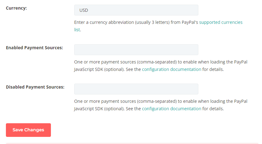 simple-payment-module-for-divi-paypal-currency-and-payment-sources-settings Screenshot of currency and payment sources settings in Simple Payment Module for Divi's PayPal integration settings