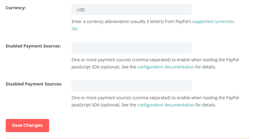 Screenshot of currency and payment sources settings in Simple Payment Module for Divi's PayPal integration settings