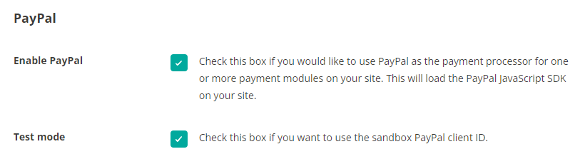 simple-payment-module-for-divi-paypal-integration-checkboxes Screenshot of Enable PayPal and Test mode checkboxes in Simple Payment Module for Divi's PayPal integration settings