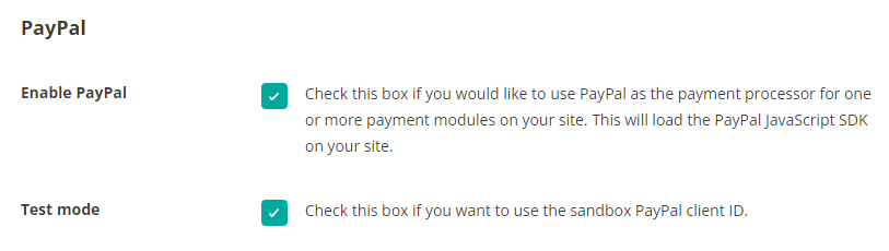 Screenshot of Enable PayPal and Test mode checkboxes in Simple Payment Module for Divi's PayPal integration settings
