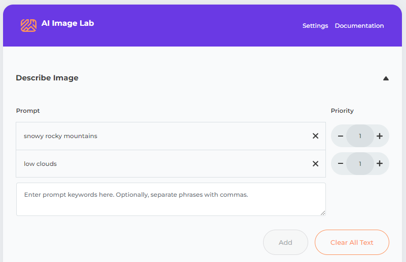 Screenshot of the prompt text editor in AI Image Lab