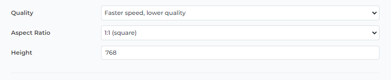 Screenshot of the quality, aspect ratio, and height settings interface in AI Image Lab
