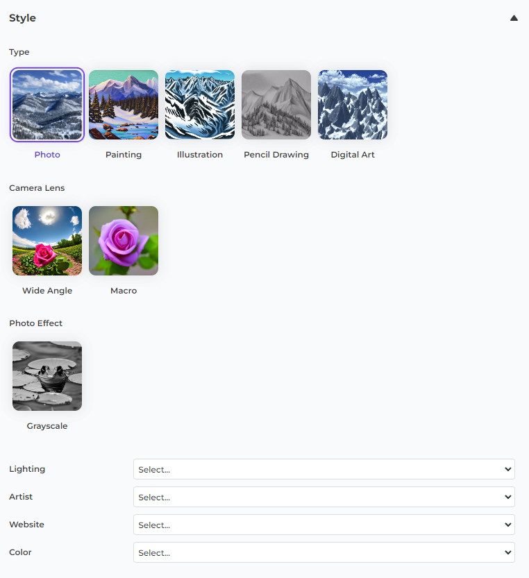 Screenshot of the Style interface in AI Image Lab, showing various style options and sub-options